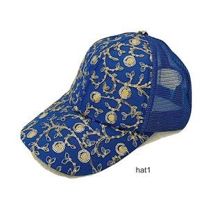 Blue Cap Hat Breathable Mesh Top Embroidered Floral Gold Silver Sequin, Size M-L